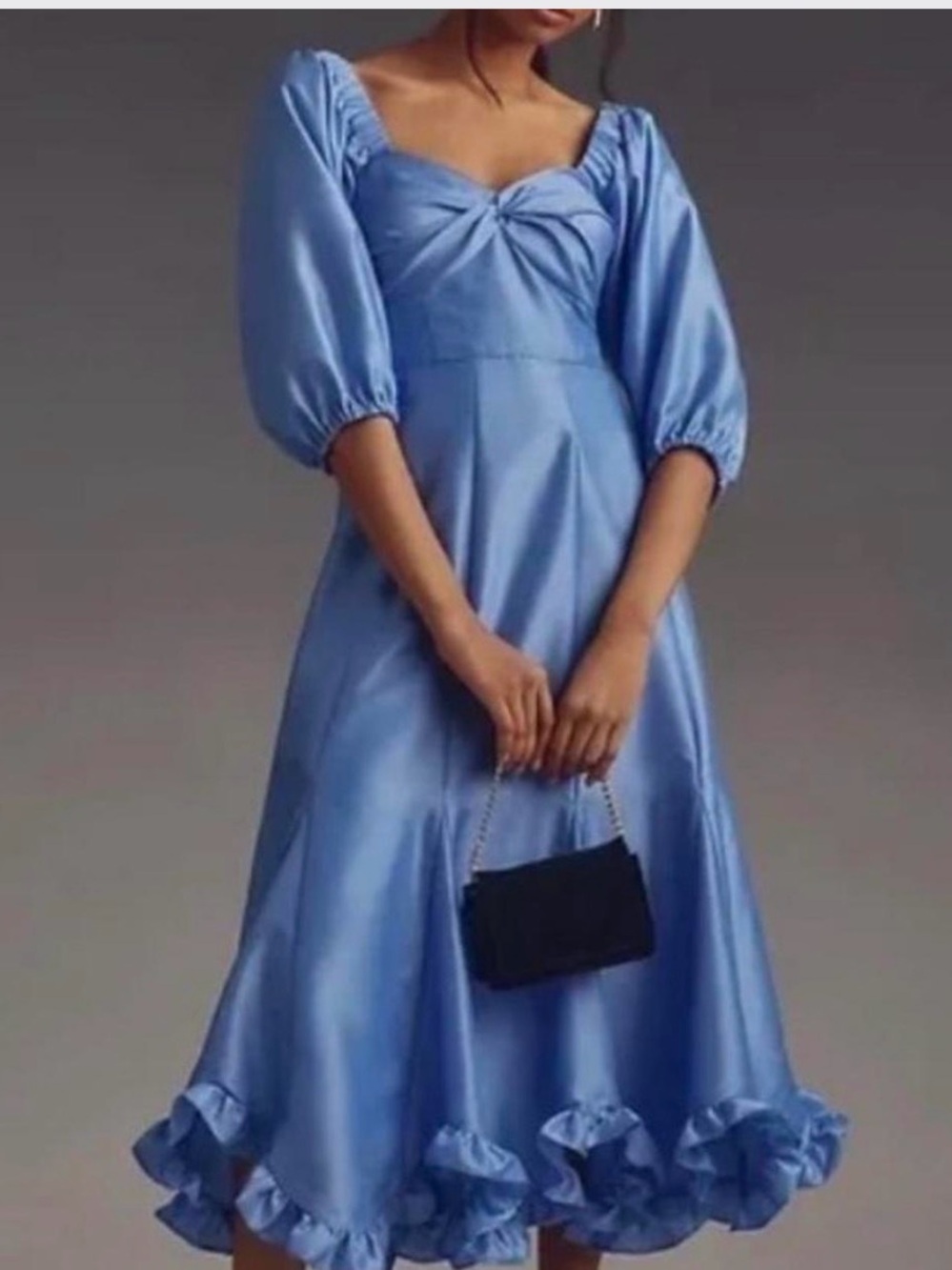 Anthropologie Satin Light Blue Puff-Sleeve Midi Dress